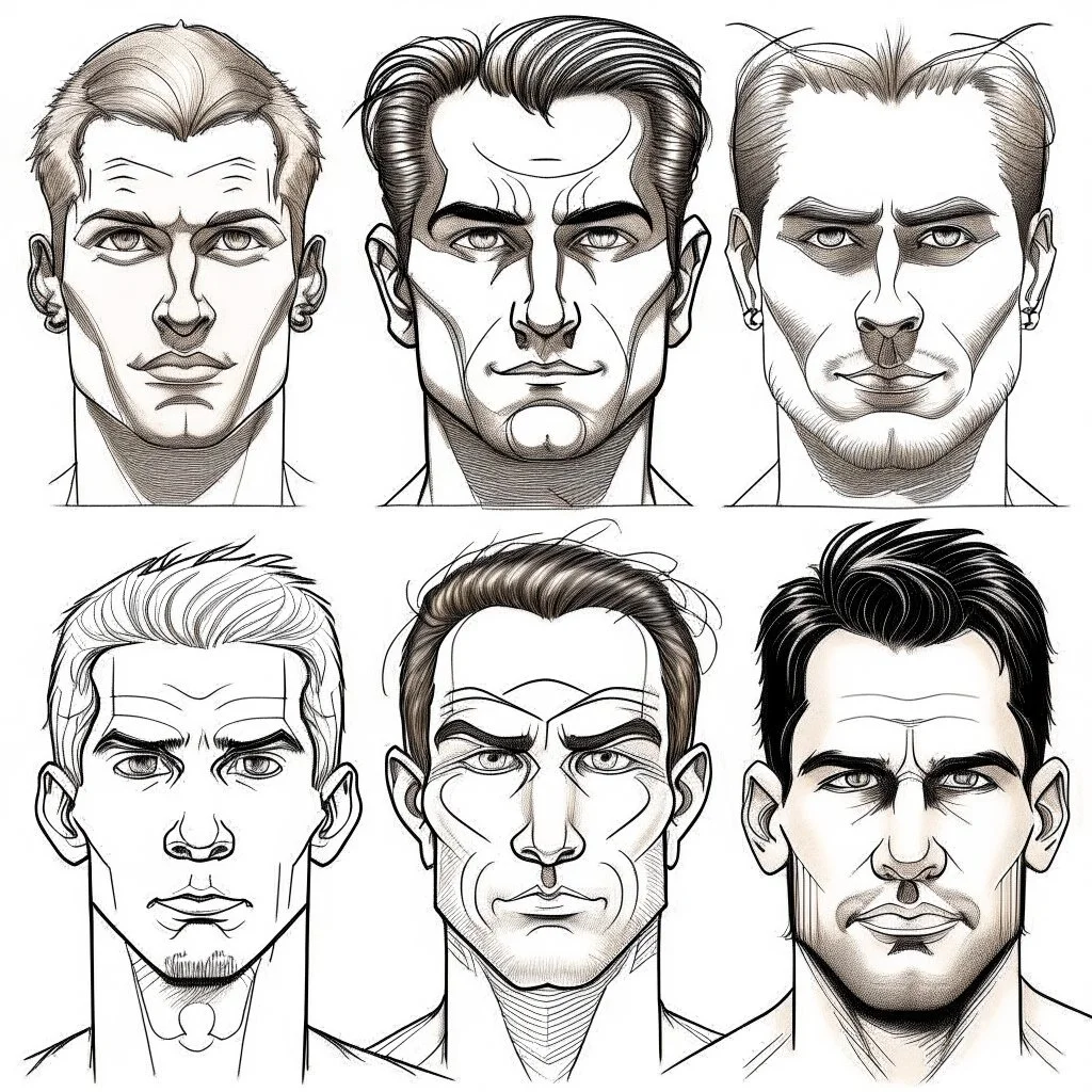 About drawing these features of a man's face Eyes: almond-shaped, medium-sized with defined eyelids and a direct and steady look. nose: a nose with prominent features, straight and with a slightly pointed tip, which can be described as a Roman nose. Mouth: Medium width with defined lips, neither too full nor too thin. Eyebrows: Naturally dense and curved, to match the shape of the face. Mustache: dense and arched following the shape of the upper lip.Chin and jaw: A prominent chin and defined j