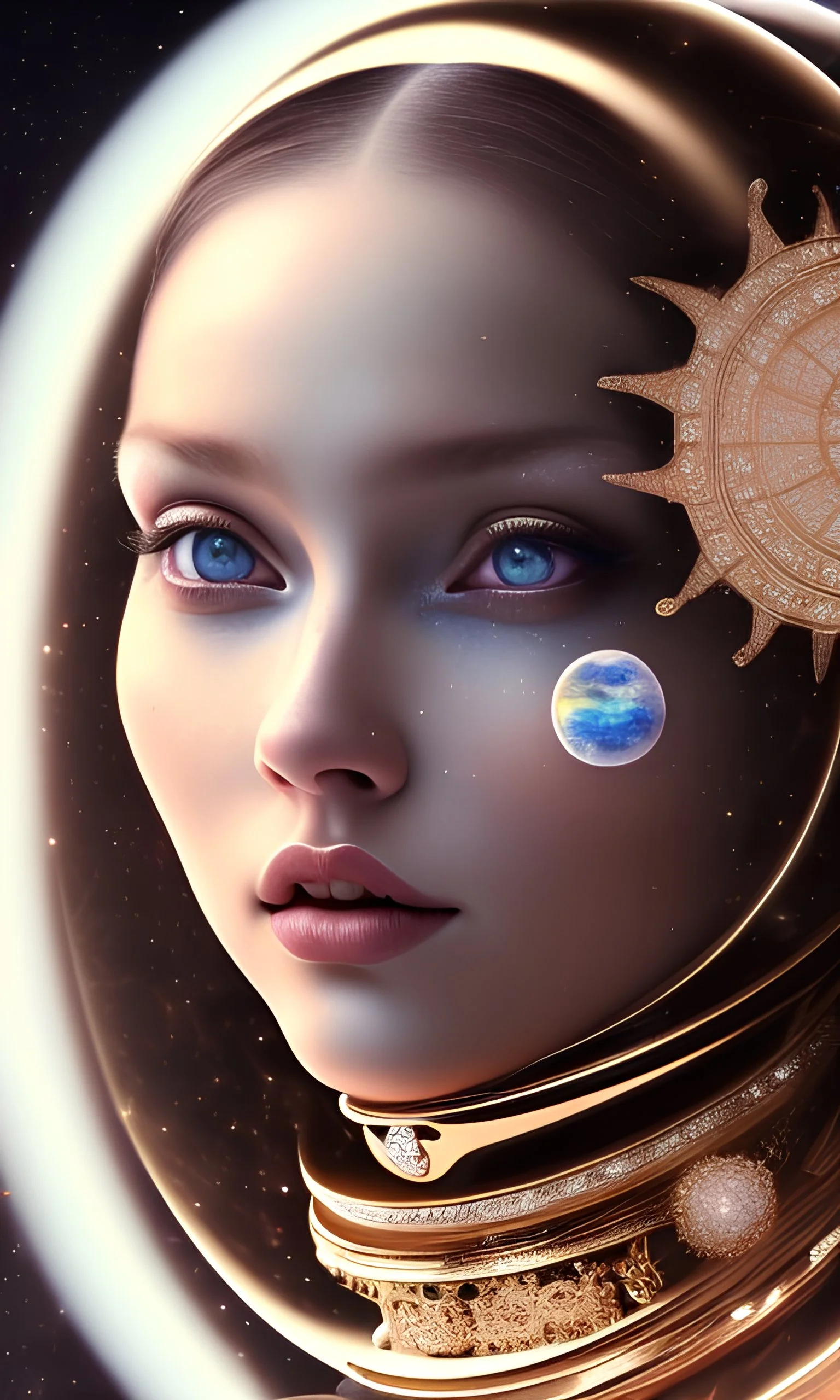 brown eyes, laugh, brunette sophie hennie cute young woman singing at saturns europa moon, golden jewelry, ice cold, winter, magnificent, majestic, highly intricate, incredibly detailed, ultra high resolution, complex 3d render,renaissance painting