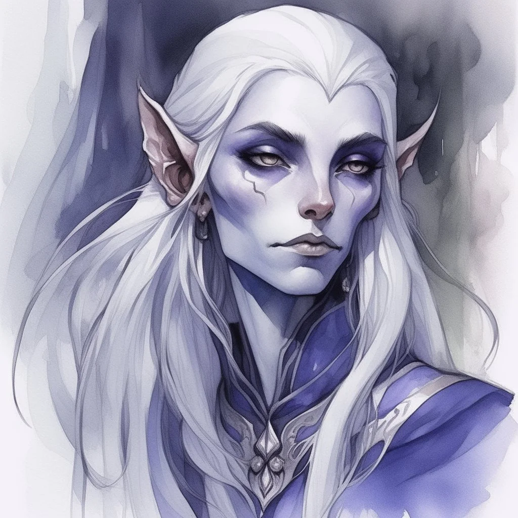 dnd, fantasy, watercolour, large strokes, stylistic, portrait, illustration, dull colours, woman, dark elf, drow, face, narrow long face, cruel face, cold demeanor, purple eyes, piercing eyes, vicious expression, white hair, very long hair streaming down the shoulders, lush hair, elegant, short small mouth, cruel smile