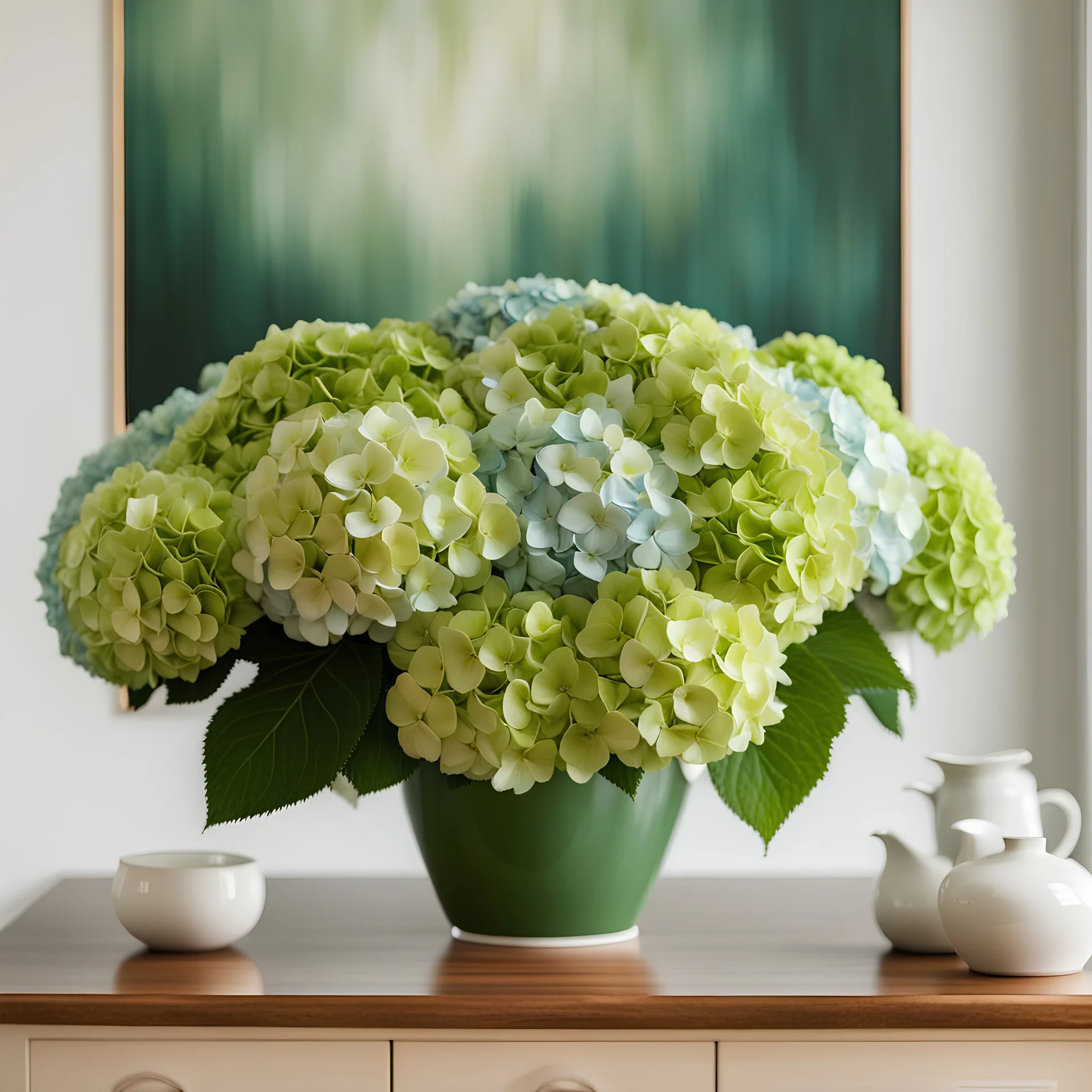 Huge bouquet of hydrangea in light green and dark green color ,in a white stylish ceramic flower vase on a Wood table with a modern painting behind on the wall