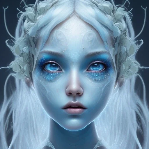 karlan, icy blue, anime, altered human,tears, crying, sad, fae, majestic, ominous, ice, plants, wildflower, facepaint, dnd character portrait, intricate, oil on canvas, masterpiece, expert, insanely detailed, 4k resolution, retroanime style, cute big circular reflective eyes, cinematic smooth, intricate detail , soft smooth lighting, soft pastel colors, painted Rena