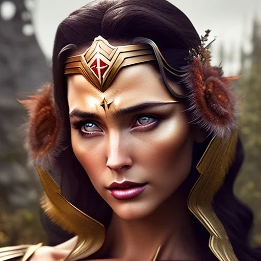 woolitize, Wonder woman, rusty metal, feathers, Dryad, fae, sidhe, ominous, nature, plants, wildflower, facepaint, dnd character portrait, intricate, oil on canvas, masterpiece, expert, insanely detailed, 4k resolution, retroanime style, cute big circular reflective eyes, Pixar render, unreal engine cinematic smooth, intricate detail , soft smooth lighting, soft pastel colors