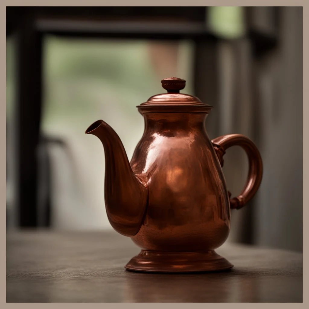 Reflection of a child on an old copper teapot