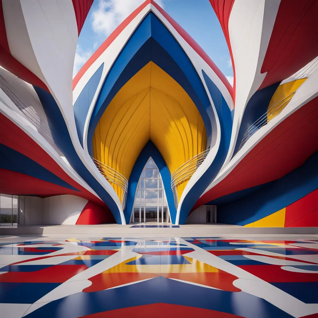 Front view Museum of art in the form of flower petals architecture style Zaha Hadid linear drawing colors red white blue and yellow hyper-detailed 8k