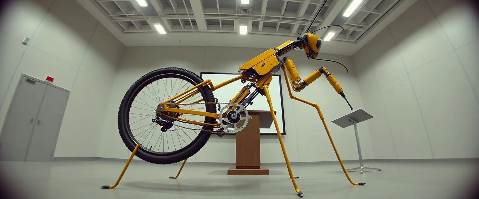 pinhole cam, airbrush 3d rendering, integrated_multimodal_description: [Shot 1] A five-second cinematic single take in a clean industrial presentation hall. A bizarre mechanically plausible bicycle machine stands beside a presentation podium, designed to look like a giant mechanical praying mantis. Two large bicycle wheels form its main body and four thin articulated mechanical legs support it. Two long folded mechanical front arms resemble mantis forelegs
