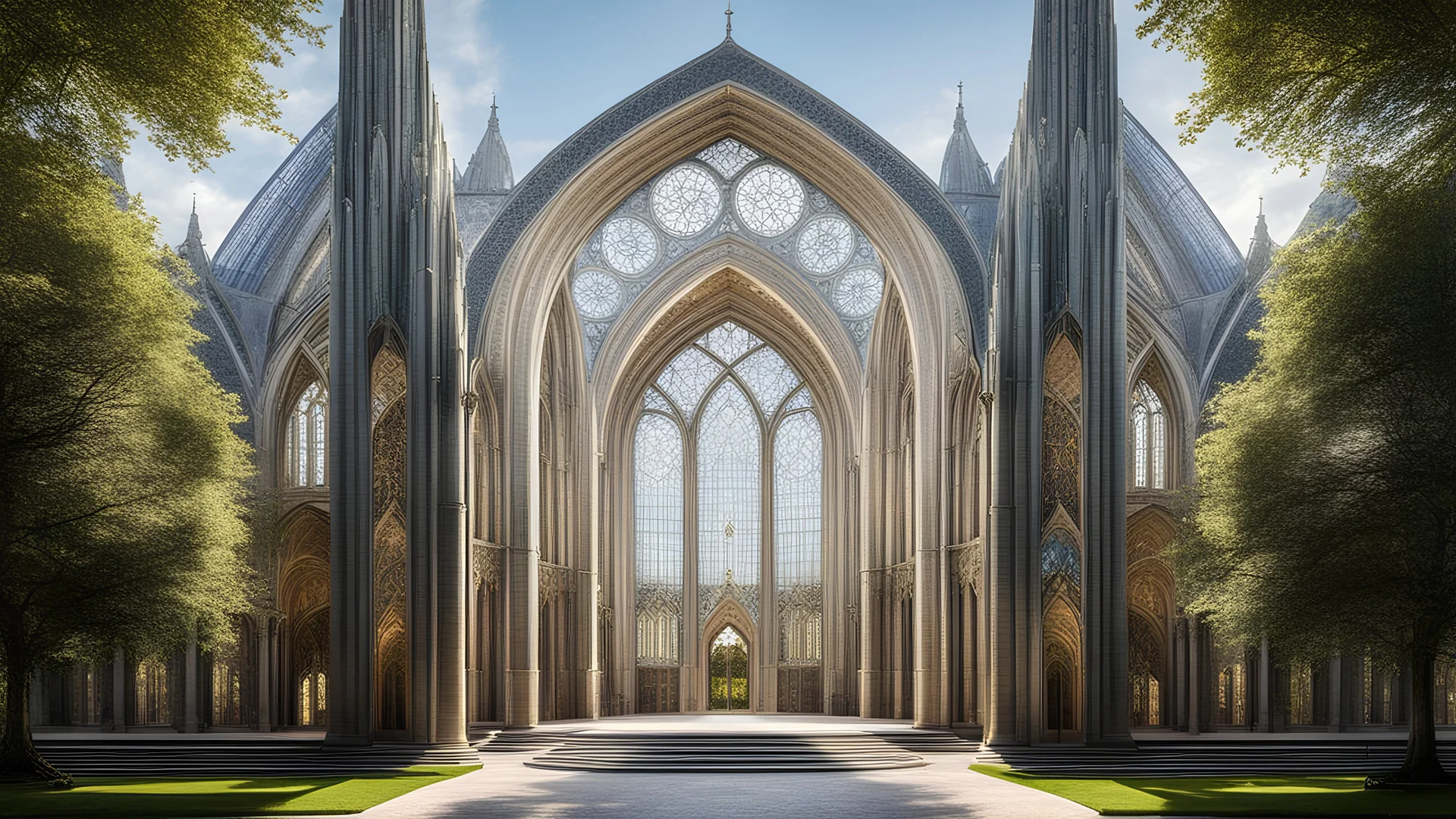 futuristic fantastic symmetrical cathedral external view in peaceful parkland, year 2080, sunshine, beautiful, colorful, totally symmetrical design, style William Morris, English arts-and-crafts movement, innovative architecture, award-winning photograph, awesome, serene, inspiring, spiritual, impressive, Cinematic lighting, Epic composition, Photorealism, Very high detail, Unreal Engine, Octane render, HDR