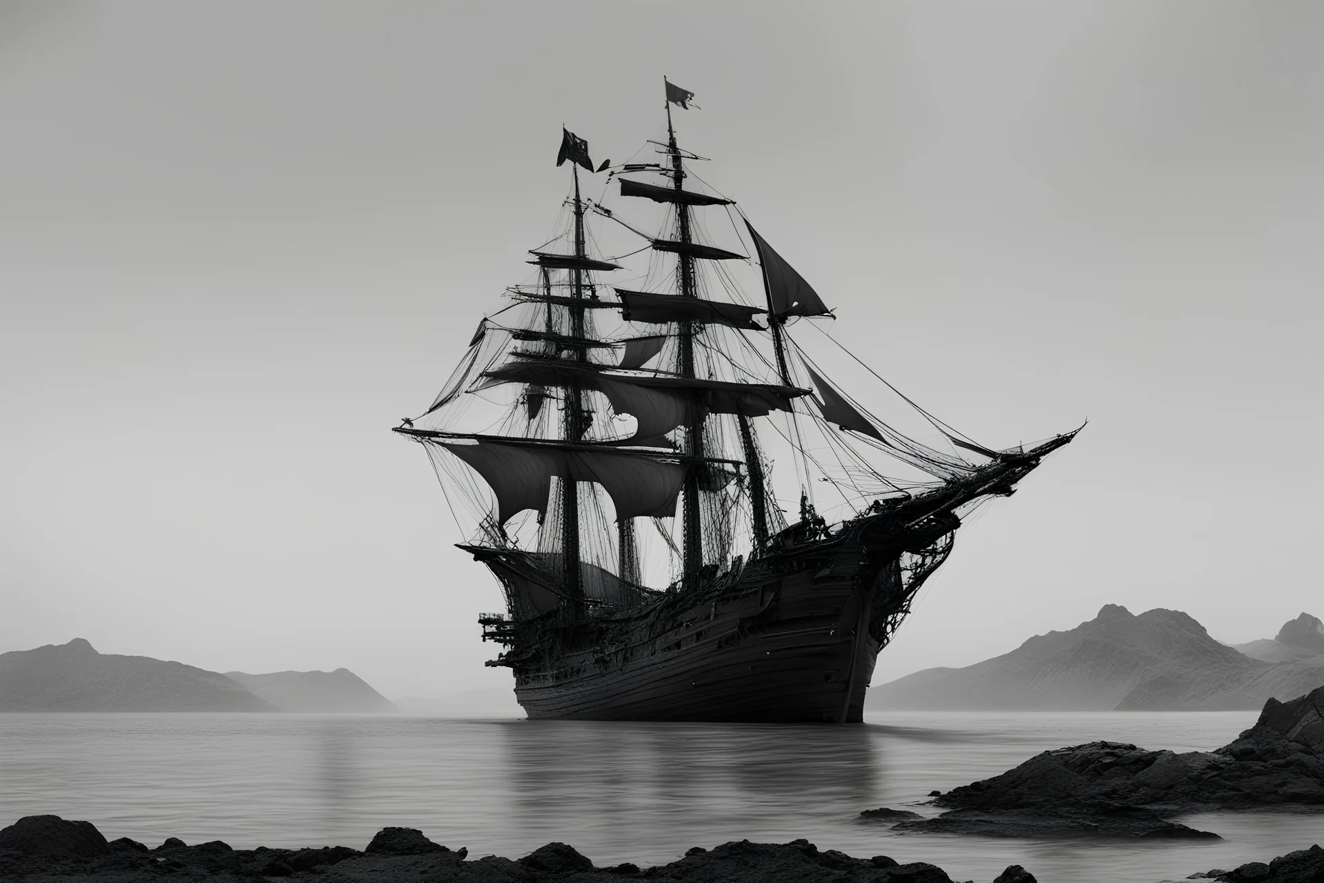 zoom in black and white pirateship on land