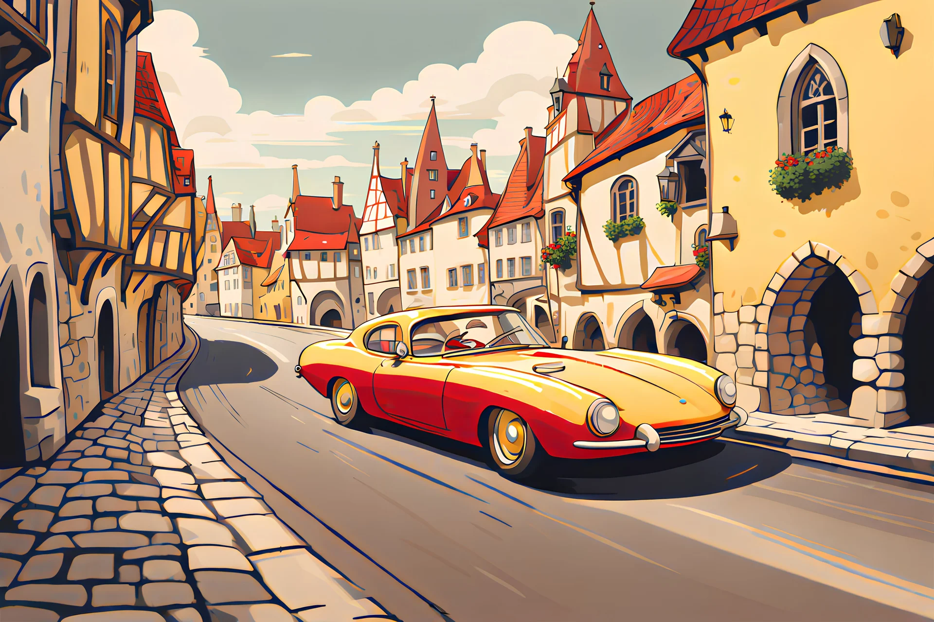 a yellow and a red sixties sports car pass through the medieval city of Nördlingen at speed, detailed vintage cartoon style