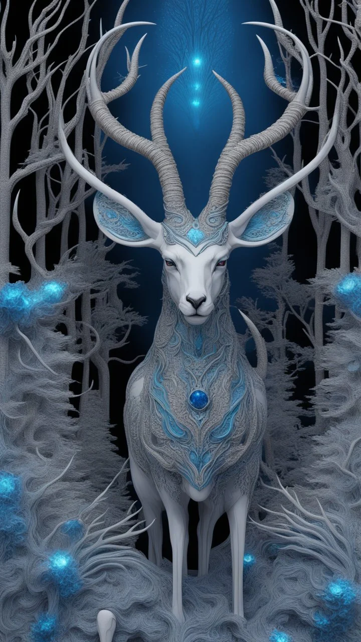 Dark forest, fantasy forest, gazelle with blue Crystal horns , intricate details, highly detailed in dreamshaper finetuned model with dynamic art style witg