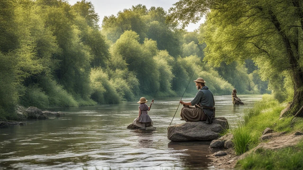 A fisherman fishing on the river bank with a rod next to his young daughter in the Middle Ages