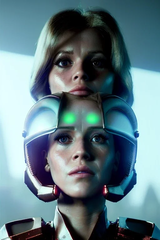 Ultra Realistic retro sci-fi scene, portrait, brunette woman, sweet young Jane fonda face, perfect iris, glow eyes, makeup. Alien background, Retro sci-fi style, helmet, tight latex coat, fog, rain, soft color, highly detailed, unreal engine 5, ray tracing, RTX, lumen lighting, ultra detail, volumetric lighting, 3d, finely drawn, high definition, high resolution.