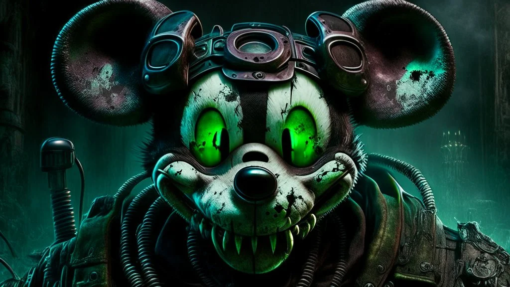 zombie mickey mouse hybrid, photorealism, movie screen capture, horror, sci-fi, retrofuturism,