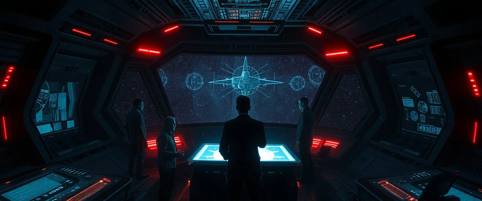 Inside a dark command chamber aboard a broker ship, a mysterious holographic transmission orders a secret delivery. Several worried space brokers stand around a glowing navigation table while an unknown station appears beyond the normal trade routes. Outside the viewport endless stars stretch into darkness. The room is lit only by red emergency lights and holographic projections. Suspenseful cinematic lighting, realistic science fiction, ultra detailed, high contrast, atmospheric, concept art.,