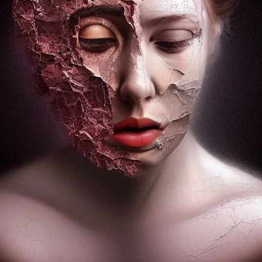 broken, cracked-open woman's face, fine detail, highly intricate, pieces of face falling off, wearing bridal veil, modern surrealism painting, high-quality, volumetric lighting, 8k, ultrahd, George Grie, Marco Escobedo, Igor Morski