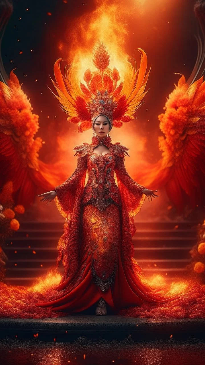 Full body wide-angle RAW photo, fire queen wearing luxurious and ornate clothes, fully covered, holding a ball of fire, opals and floral decorations, fractal wings texture, coming out of a burst of fire, winter scenery in the background, beautiful Indonesian woman's face, skin high detail, phoenix, fire, 8k uhd, dslr, soft lighting, high quality, film grain