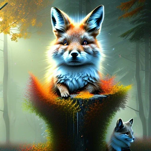 ultra realism, bridge with towers over ravine in autumn,white radiating rabbit, fantasy art, spray paint, fog, light rays, fox, dogs