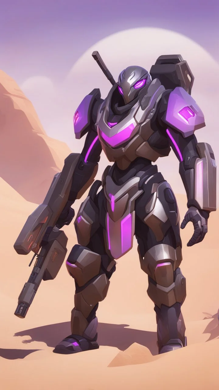 A close picture to Ramattra nemesis form in overwatch art style with black color and neon purple details in Desert