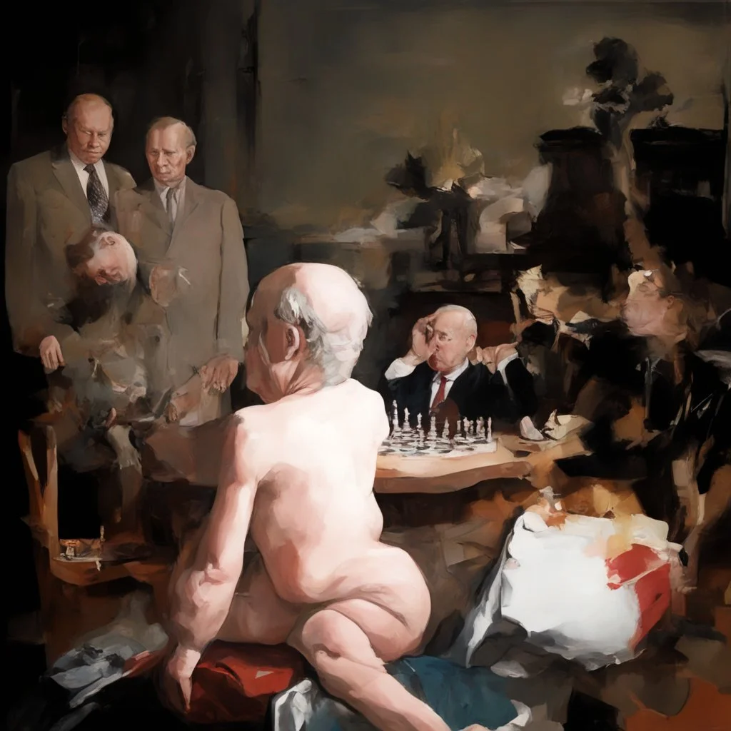 Putin, President Xi Of China And Joe Biden Play Chess With Atomic Bomb Mushroom Cloud,Complex Surgical Instruments Intermixed With A Newborn Boy,Minimalism,Painting By Adrian Ghenie,Rene Magritte,Pablo Picasso,Michelangelo,Salvador Dali,Lucian Freud