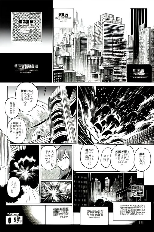 explosion in city, manga page, greyscale