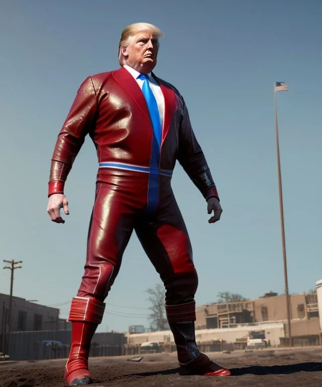 Photo realistic, Wrestler Donald trump, wrestling, American shot, sweat, blood, red breeches, suspenders, retro style, 80s, hot ambient, photo studio, vibrant color, gradient, highly detailed, art stations, concept art, smooth, unreal engine 5, god rays, ray tracing, RTX, lumen lighting, ultra detail, volumetric lighting, 3d, finely drawn, high definition, high resolution.