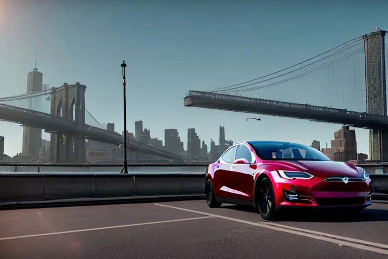 A Tesla 'Model S' is parked, on the 'FDR Drive', eastern Manhattan. (CINEMATIC, WIDE ANGLE LENS, PHOTO REAL)