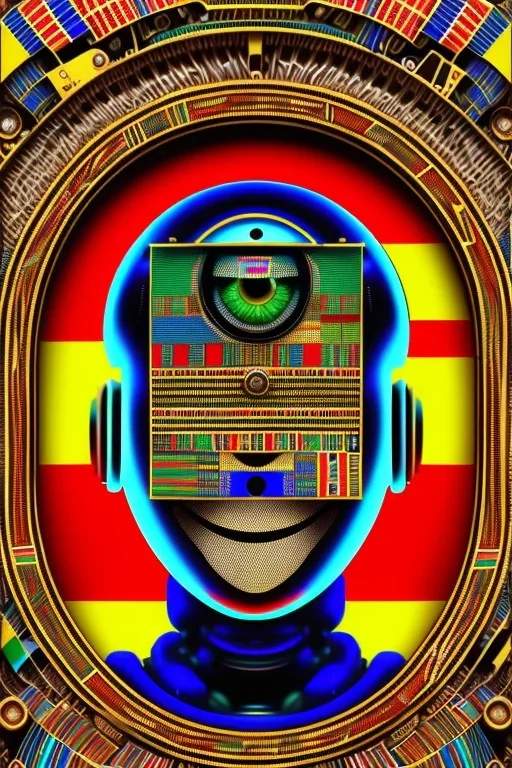 robot portrait in Kente, rusted clock eyes, cinematic, ghana flag, african pattern symbols, engraved, 8k quality