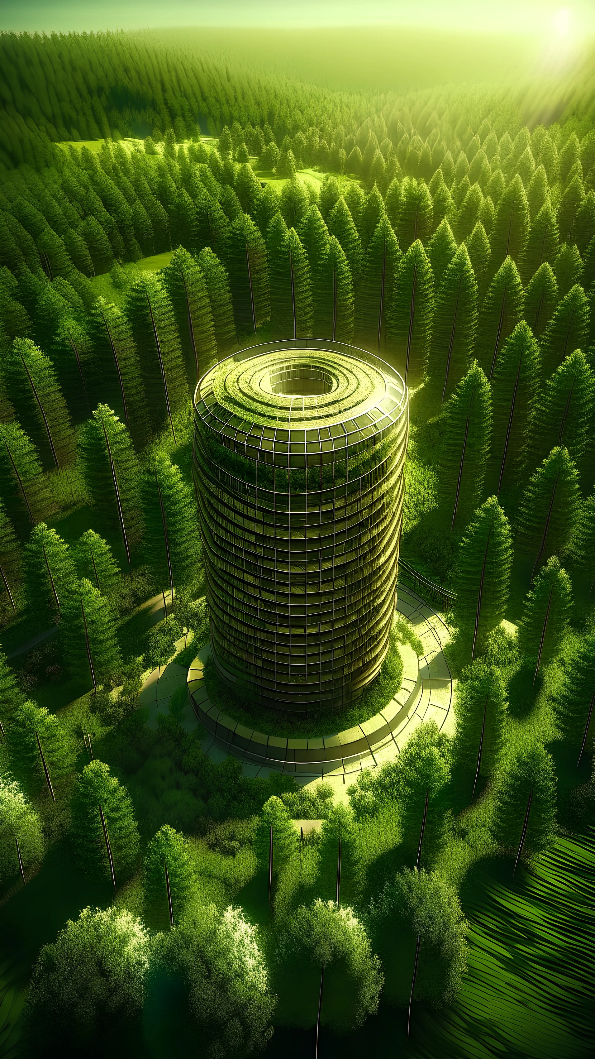 create an 3d object of a huge megabuilding in the middle of a sunny forest