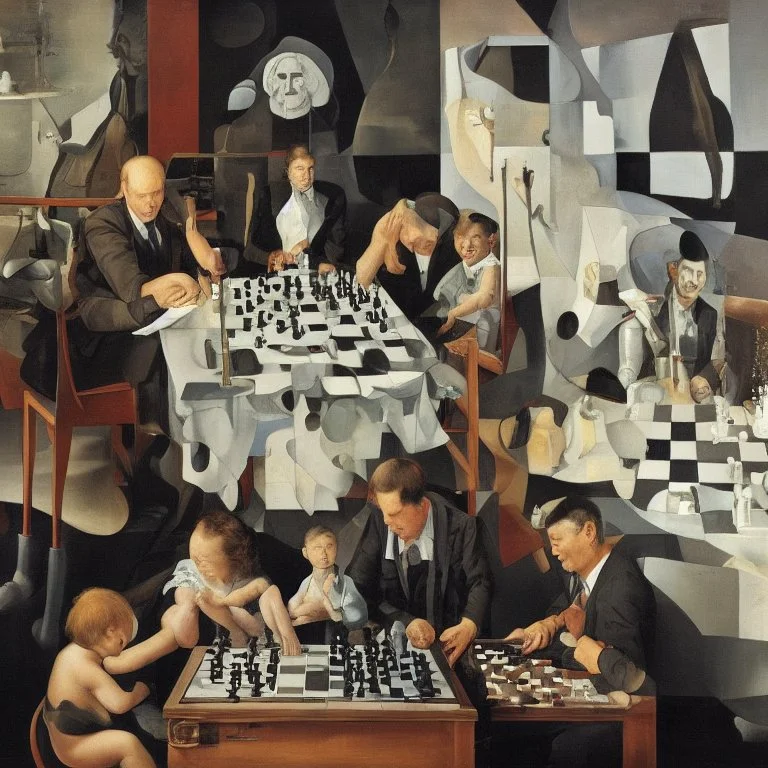 Complex Surgical Instruments,Putin,President Xi Of China And Joe Biden Play Chess with a Newborn Boy,black background,surrealism,Painting By Adrian Ghenie,Michelangelo,Rene Magritte,Lucian Freud,Salvador Dali,Pablo Picasso