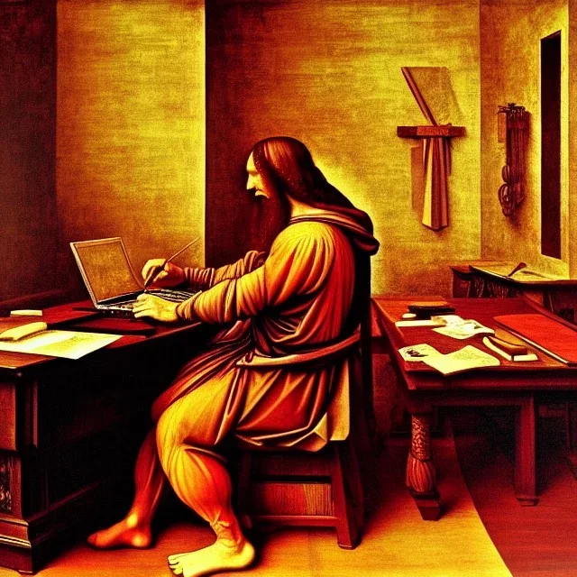 leonardo da vinci works on laptop at his desk. painting in photoshop. hyperdetailed, warm colors, movie poster, oil on canvas,