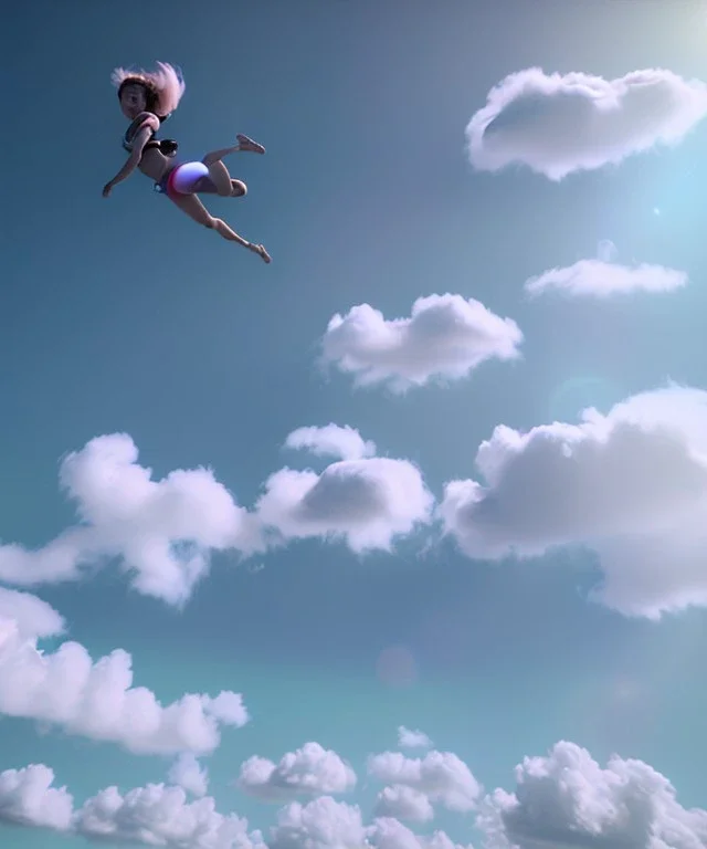 Ultra realistic speed clouds sky scene, wide angle view, sweet childs falling down, inflatable color clothing, free jumping flying, many trinkets, monster head, hair monster, many jelly beans, balls, smile, happy, circus style, extreme, wind, clouds sea, 20,000 feet altitude, stratosphere, soft color, highly detailed, unreal engine 5, ray tracing, RTX, lumen lighting, ultra detail, volumetric lighting, 3d, finely drawn, high definition, high resolution.