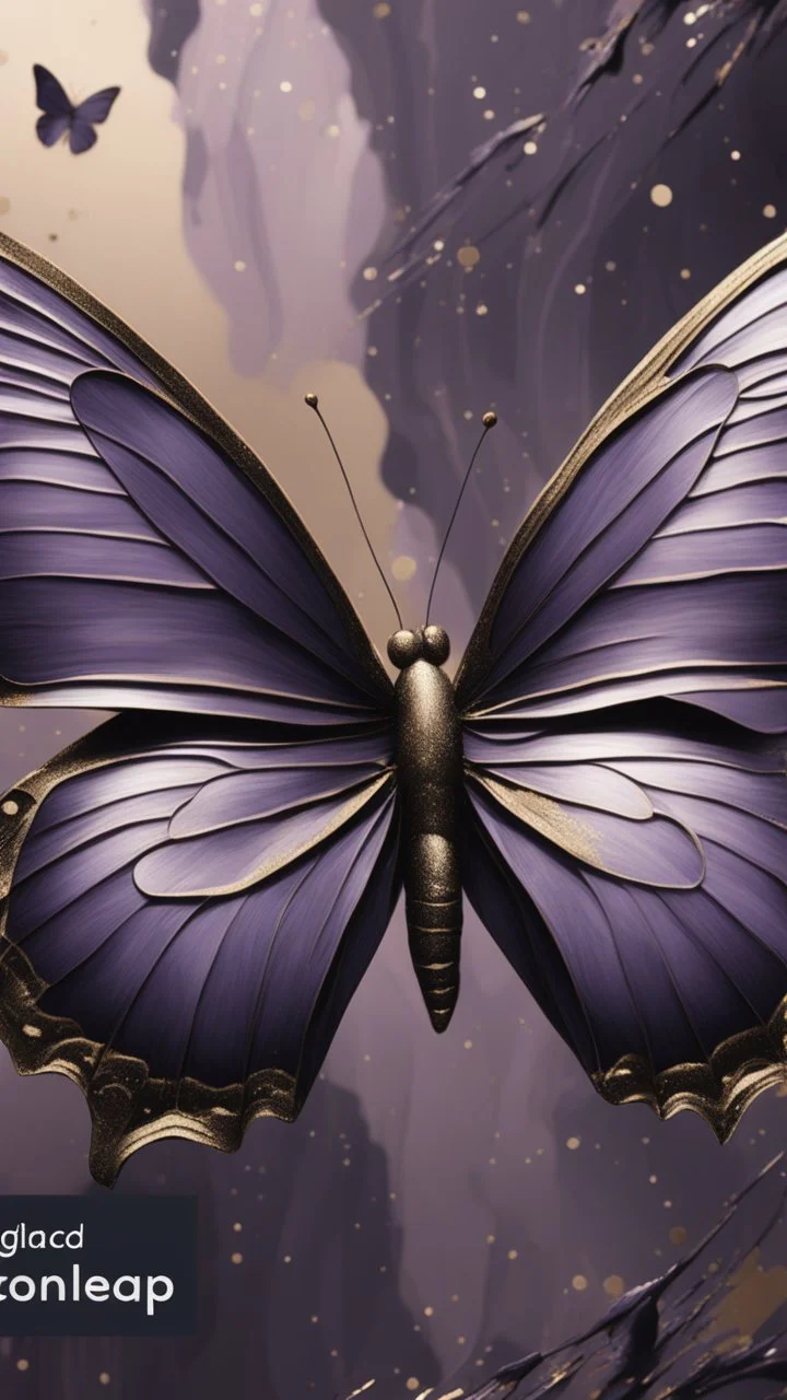 "Create an abstract artwork featuring soft purple metallic butterfly , overlapping shapes in earthy tones like beige, rust, and navy. Incorporate sweeping black brushstrokes, textured golden accents and glitters, and subtle splatter effects to add depth and movement. The design should evoke a sense of modern elegance and organic flow. ON BLACK BACKGROUND