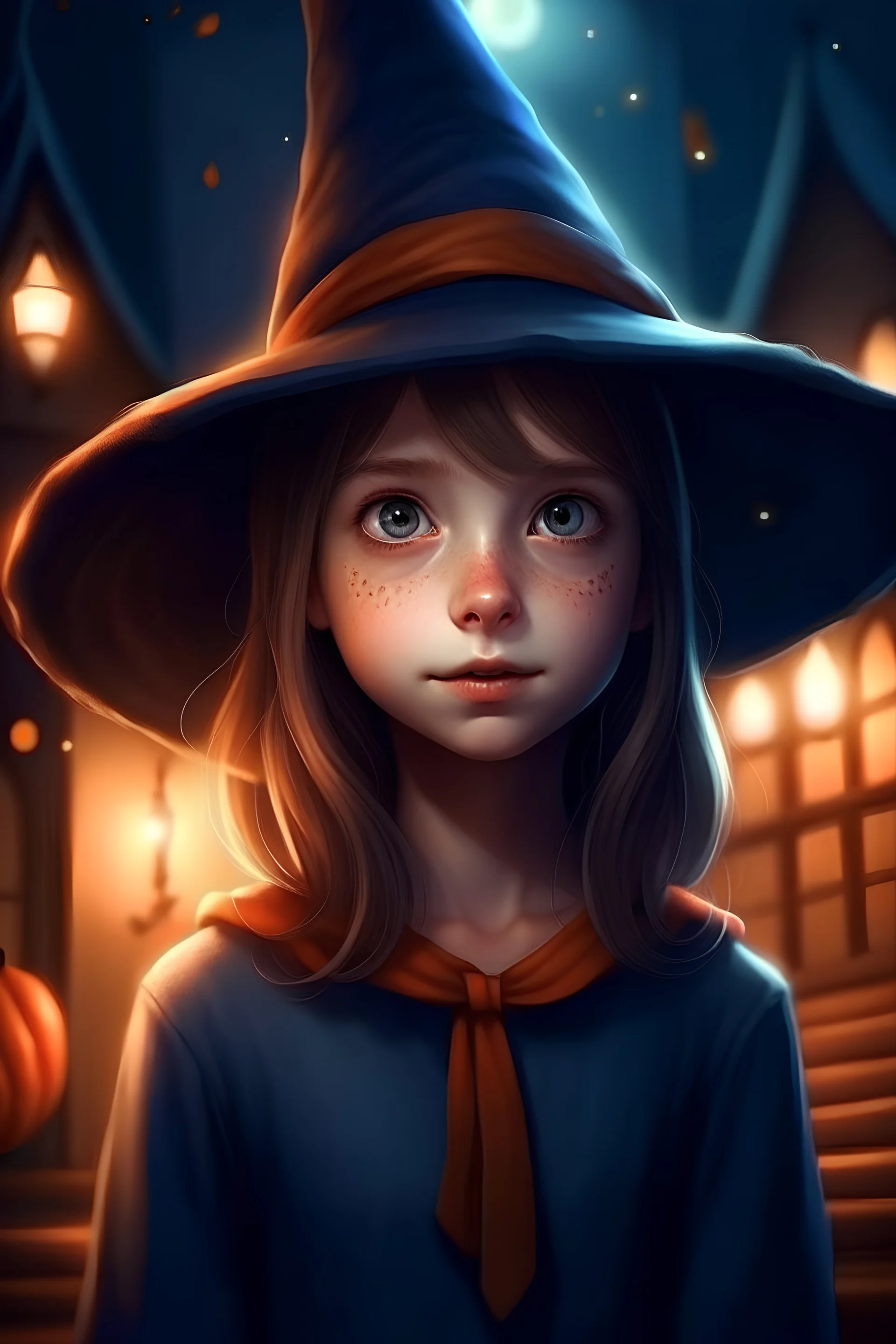 1girl, halloween outfit, wearing a witch hat, haunted house, spooky atmosphere, simple, beautiful, modern watercolor style, smirk, raised left eyebrow, perfect blue eyes, bokeh background cinematic lighting, RealCartoon3D