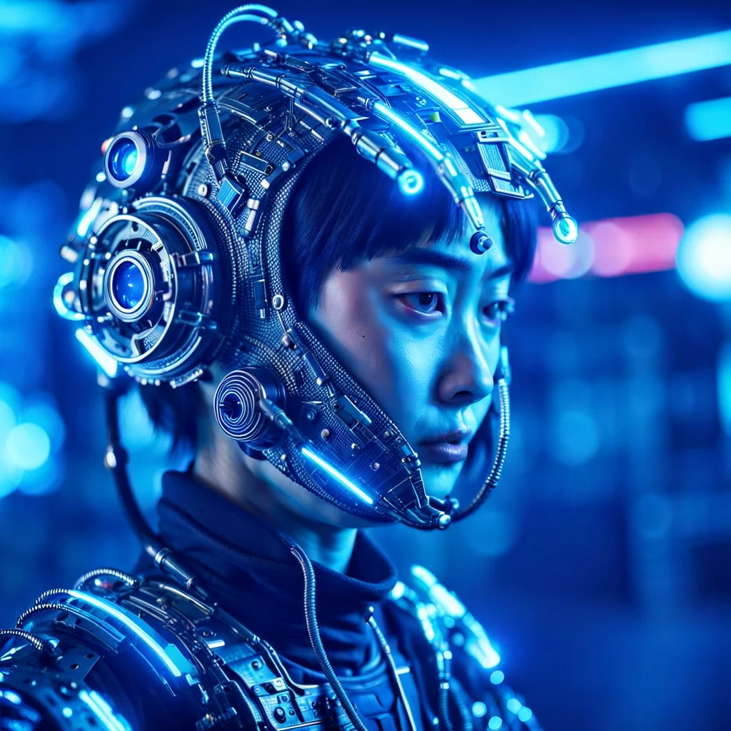 Wide cinematic photo of a candid Japanese Solarpunk hacker cyborg, shot using an anamorphic lens. The figure, with cybernetic enhancements,