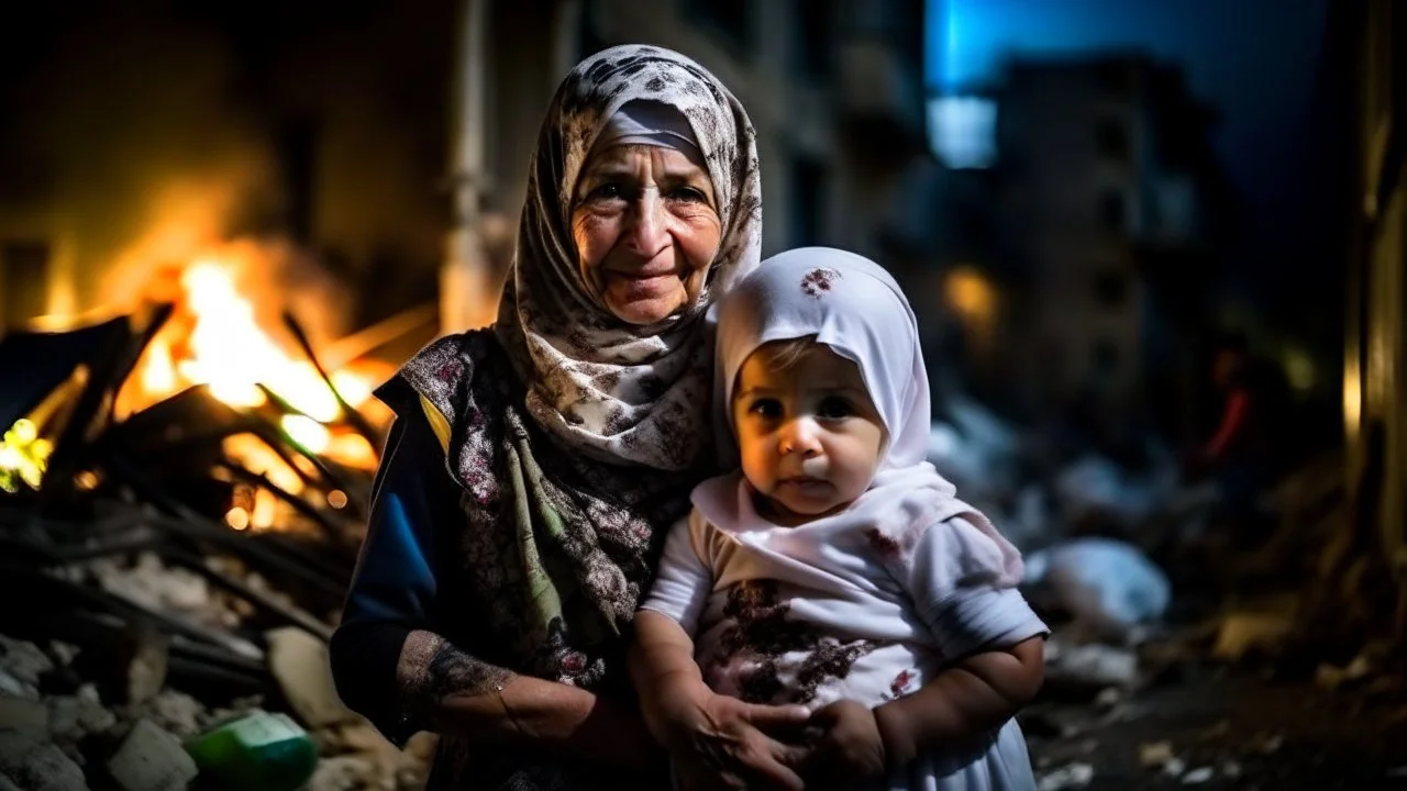 Palestinian old woman wears the keffiyeh , Carrying a small girl ,at summer , Destroyed Buildings , with a Explosions, at night