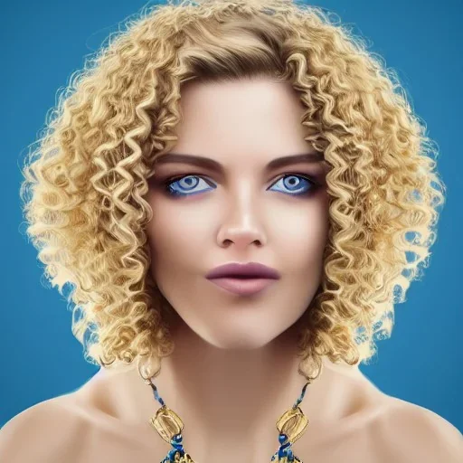 Beautiful portrait of a beautiful lady with blond curly hair, small nose, big blue eyes, wearing a blue hoodie and a gold neckless on her neck. highly detailed and realistic