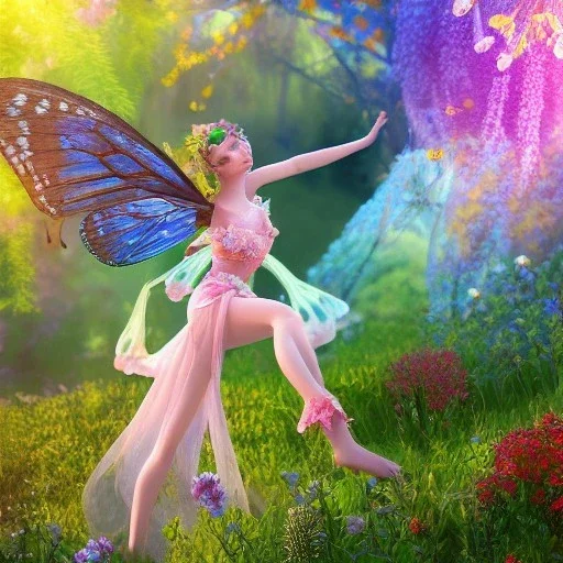  Beautiful and bright fairy of spring,delicate flowers, knees up portrait, butterfly, fantastical, intricate detail, splash screen, complementary colors, fantasy concept art, 8k resolution, Unreal Engine 5"