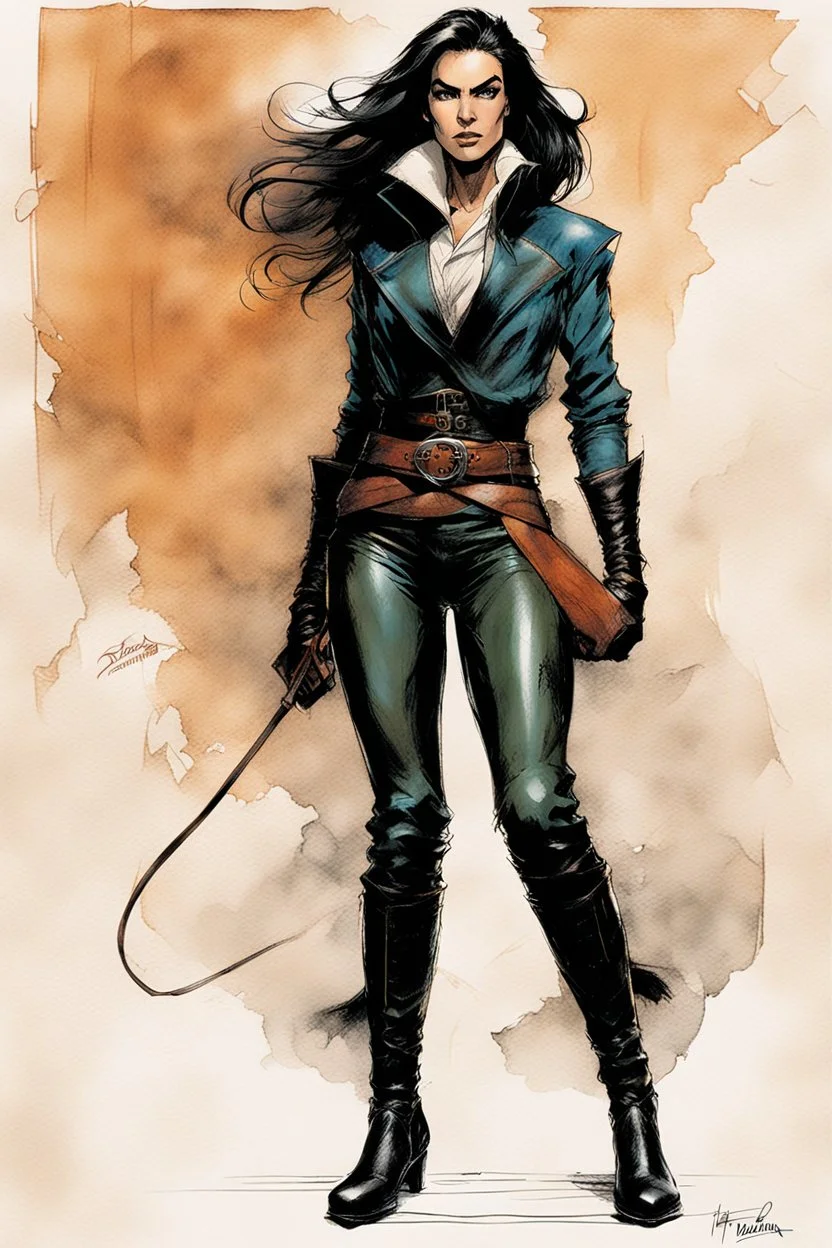 Create a calligraphy styled drawing of an epic fantasy Lankhmar female thief character, slim in stature, with shoulder length hair, finely lined and detailed facial features, in an fur collared leather doublet and breeches , a short oriental cloth belt at the waist, stealthy soft leather slippers, , in the comic book style of Bill Sienkiewicz, Howard Chaykin, Mike Mignola, Philippe Druillet, and Jean Giraud Moebius, precisely drawn, colored and inked,