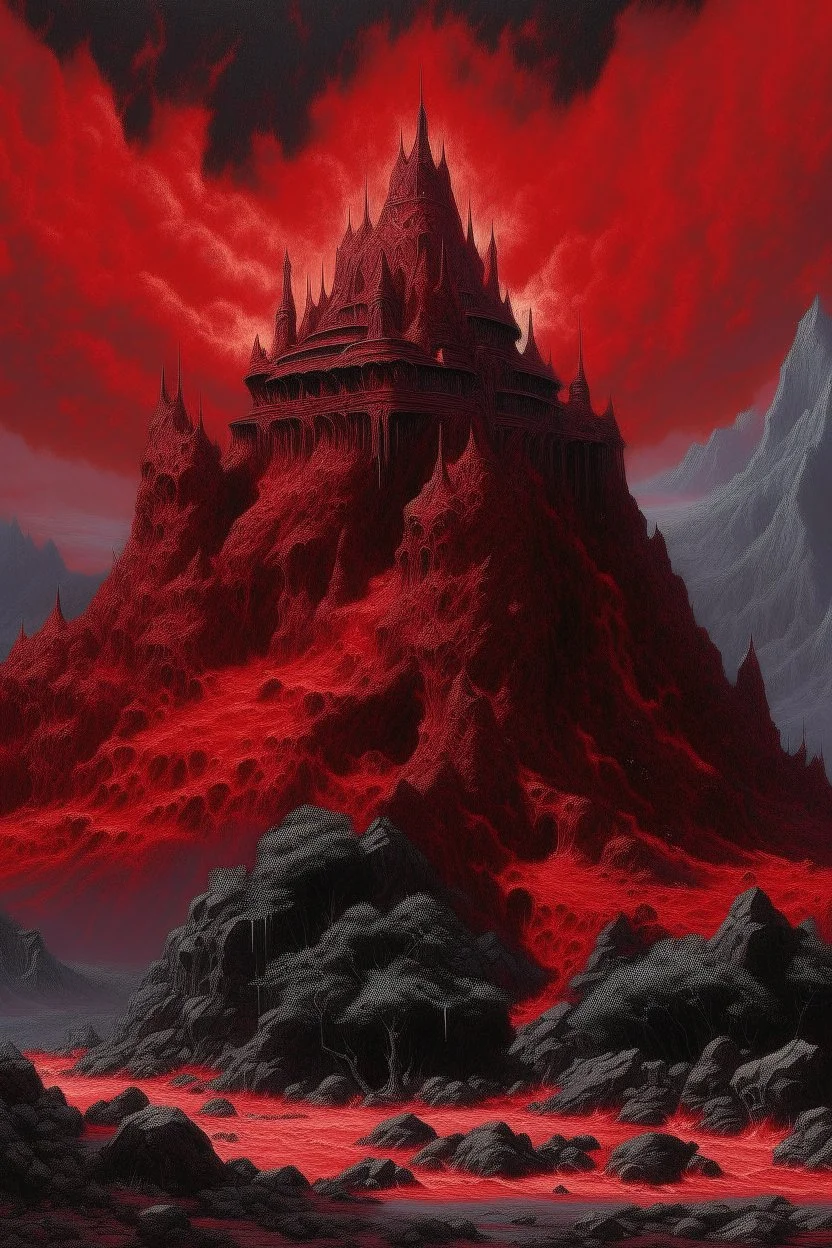 A dark red explosive volcanic palace painted by Frank Wilson