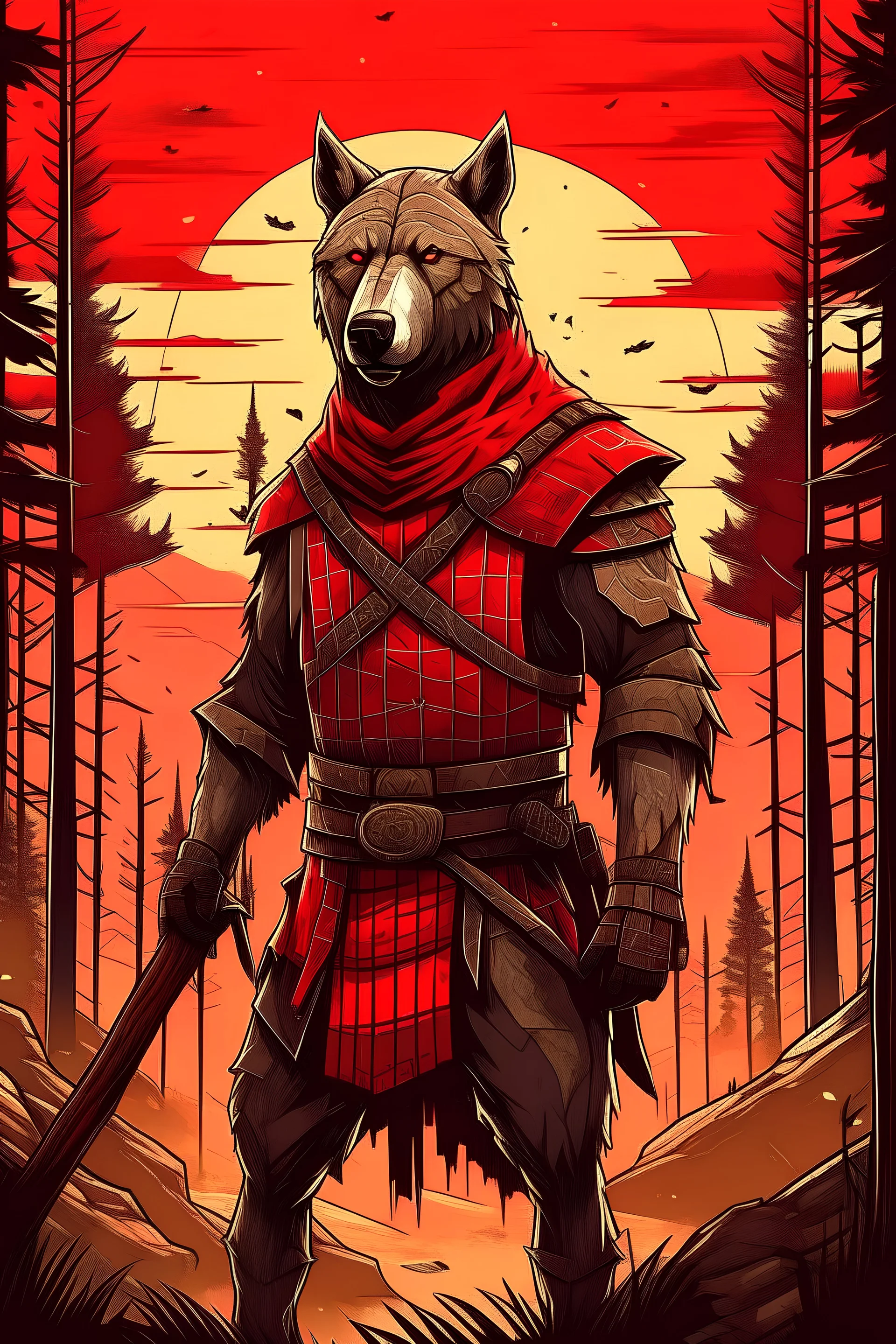 Animal warrior in red dead redemption style with forest after war background