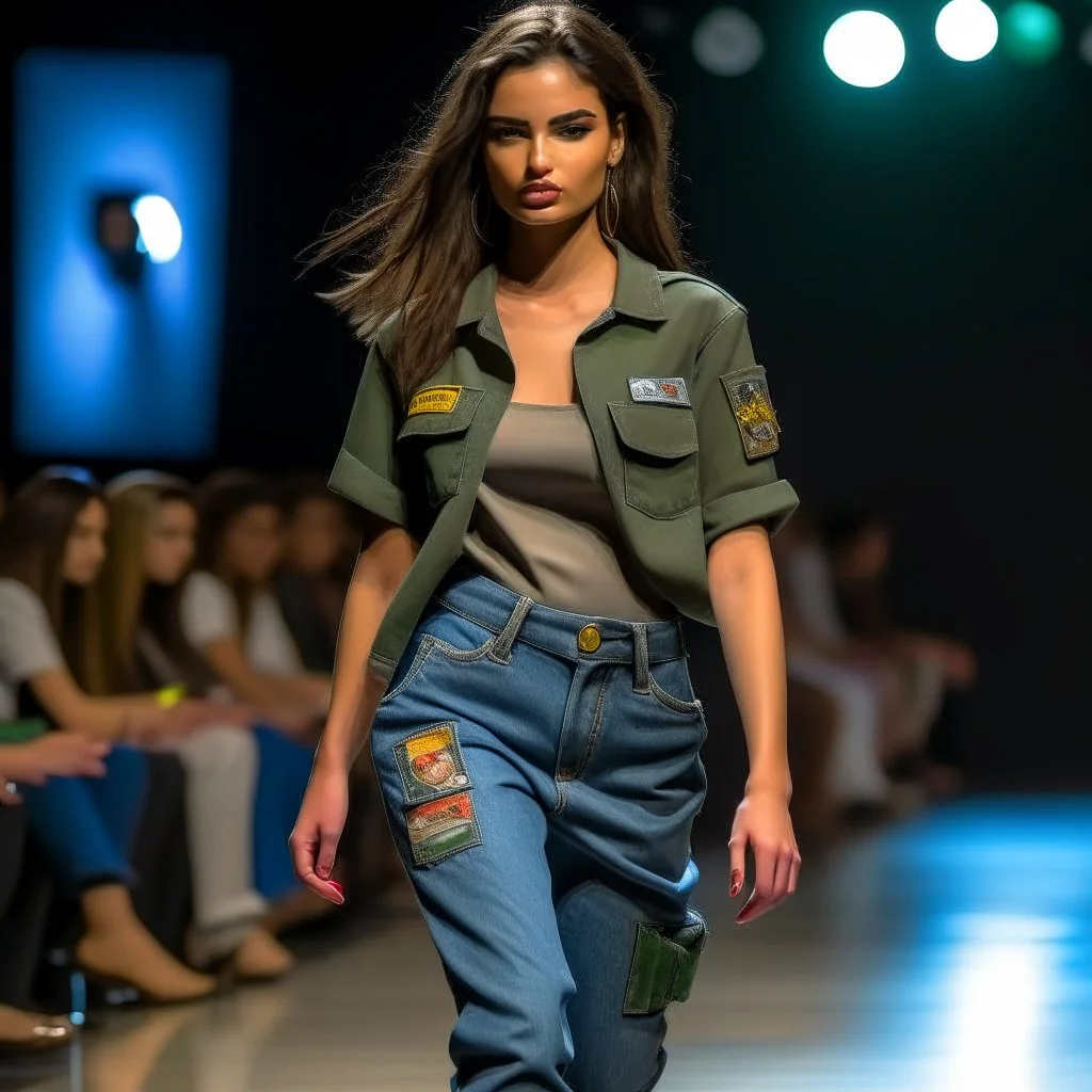 latin model catwalk wearing cargo jeans with patch embroidered