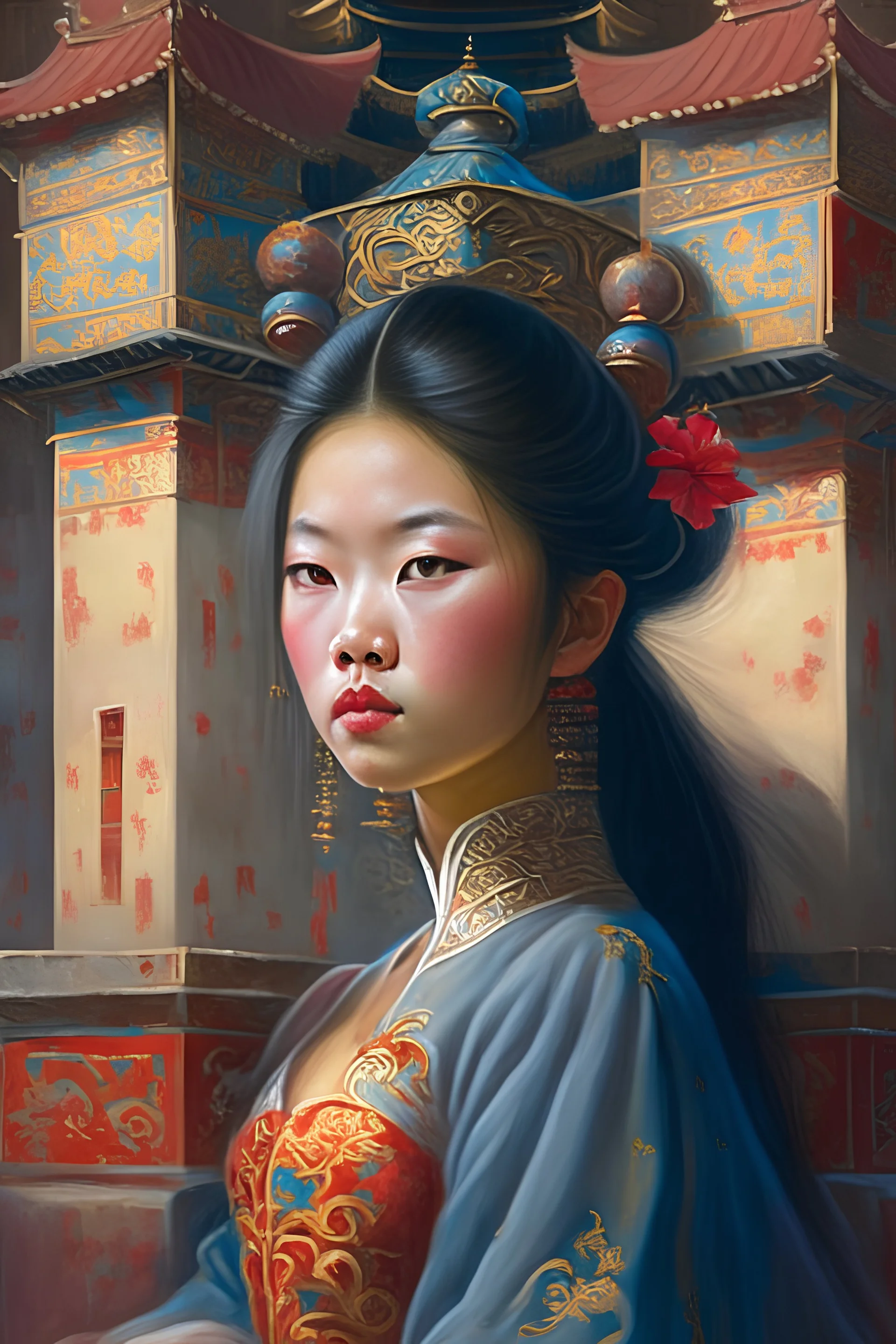 A young sexy Chinese princess in her castle painted in the style of Randy Vargas