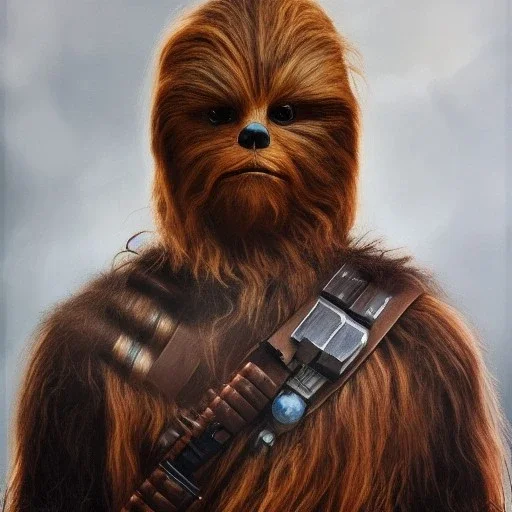 photorealistic and intricate portrait of chewbacca in star wars by marta bevacqua, wearing beskar armor, deep dark colors, hyperdetailed, 32K, oil on canvas,