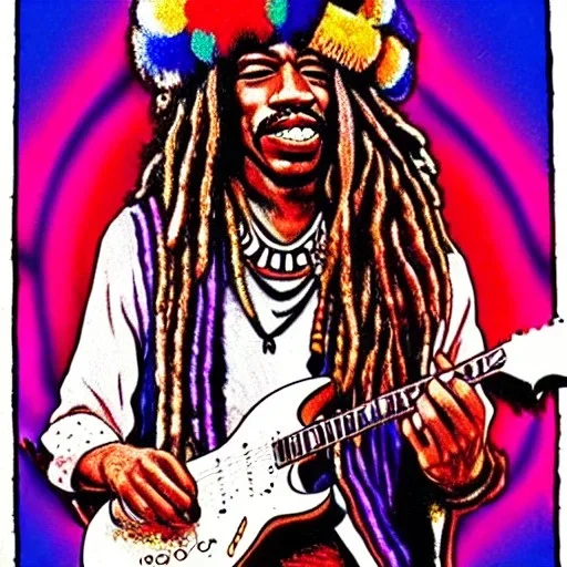 hippie JIMI HENDRIX Santa playing electric guitar, psychedelic, peace sign, MUSHROOMS, TRIPPY, ACID, LSD, dreadlocks