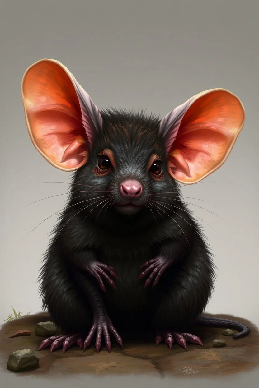 The Large Rodent (Fantastical Mouse/Rat) This creature blends realism with fantasy, appearing as a mythical forest dweller: Appearance & Features: Fur: A rich tapestry of brown, gray, and dark charcoal hues, with individual hairs rendered in fine detail to create a lifelike, textured coat. Ears: Enormous, light brown on the outer surface with a vivid pinkish-orange interior (suggesting sensitivity to sound). They dominate its head, emphasizing its heightened hearing.