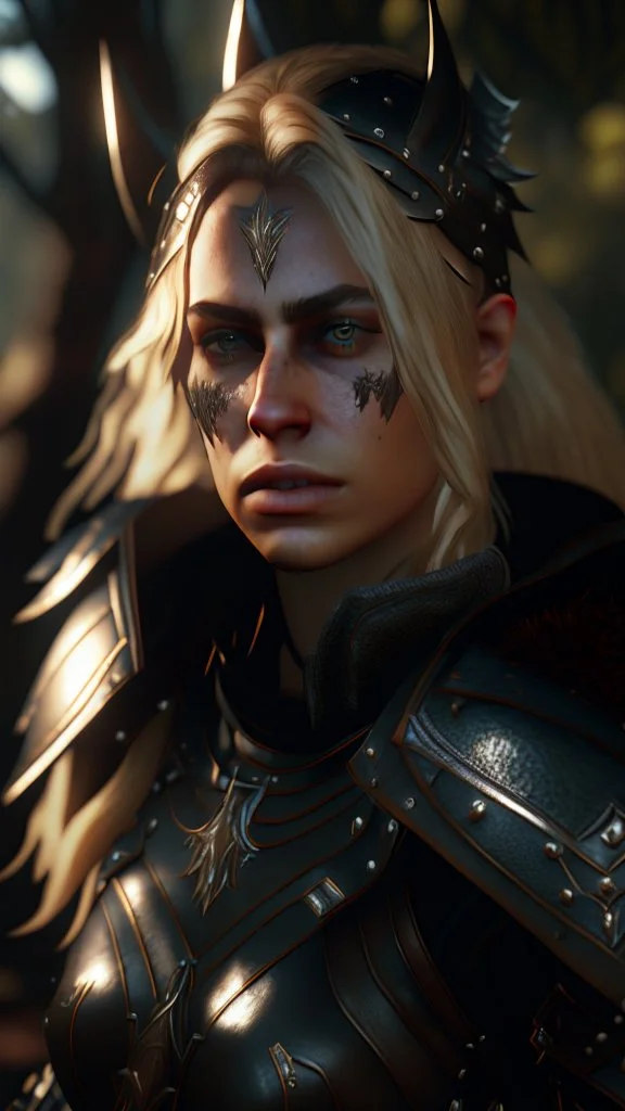 blonde female hunter wearing leather half armour dark fantasy Realistic unreal engine 4k