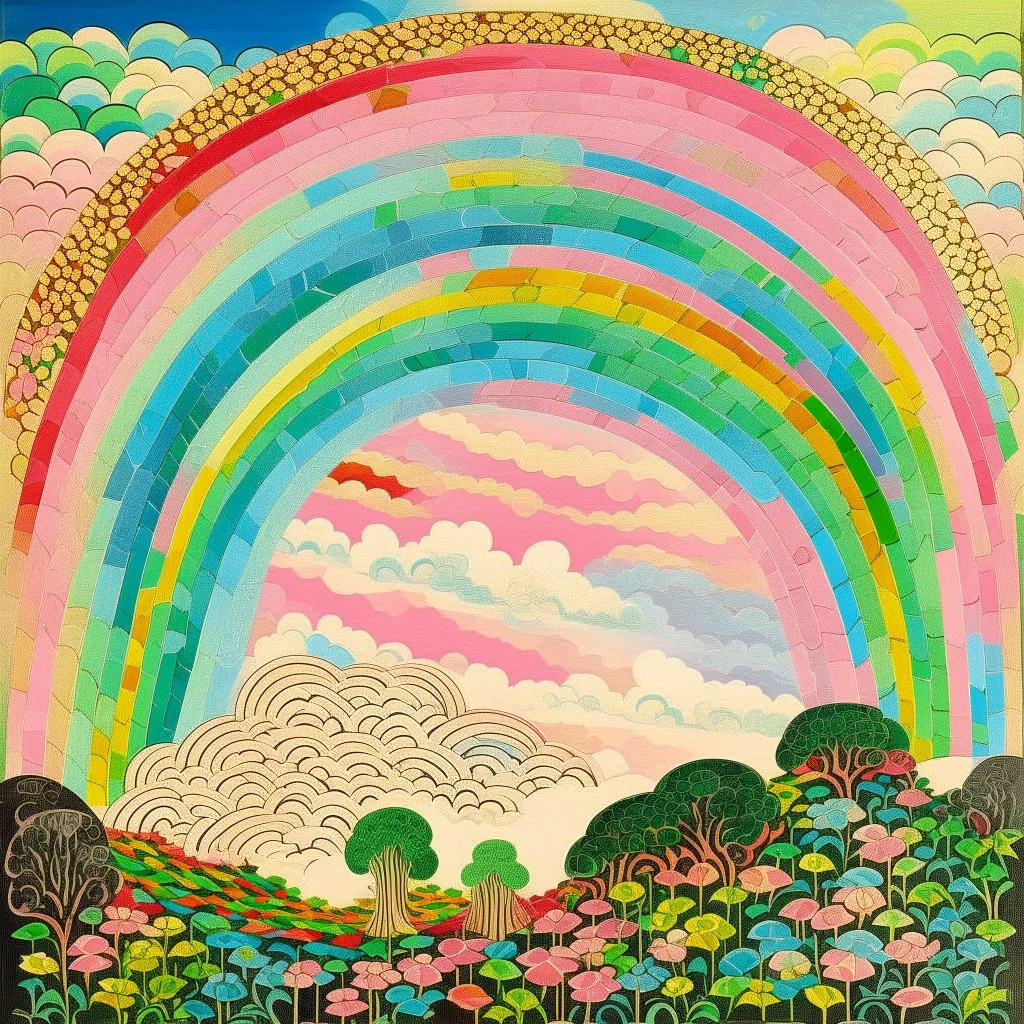 A light pink cloudy sky with rainbows designed in ancient Roman mosaics painted by Henri Rousseau