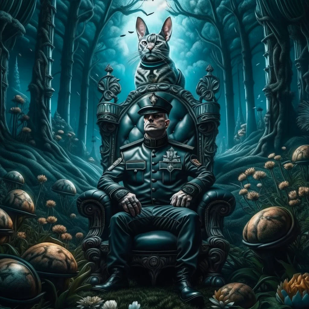 portrait of macho army officer on a bar chair inside mushroom grove with huge fluffy space chinchilla in the style of Giger, 4 k, down-light, soft light, depth of field, photo realism, trending on art station, high detail, spray paint