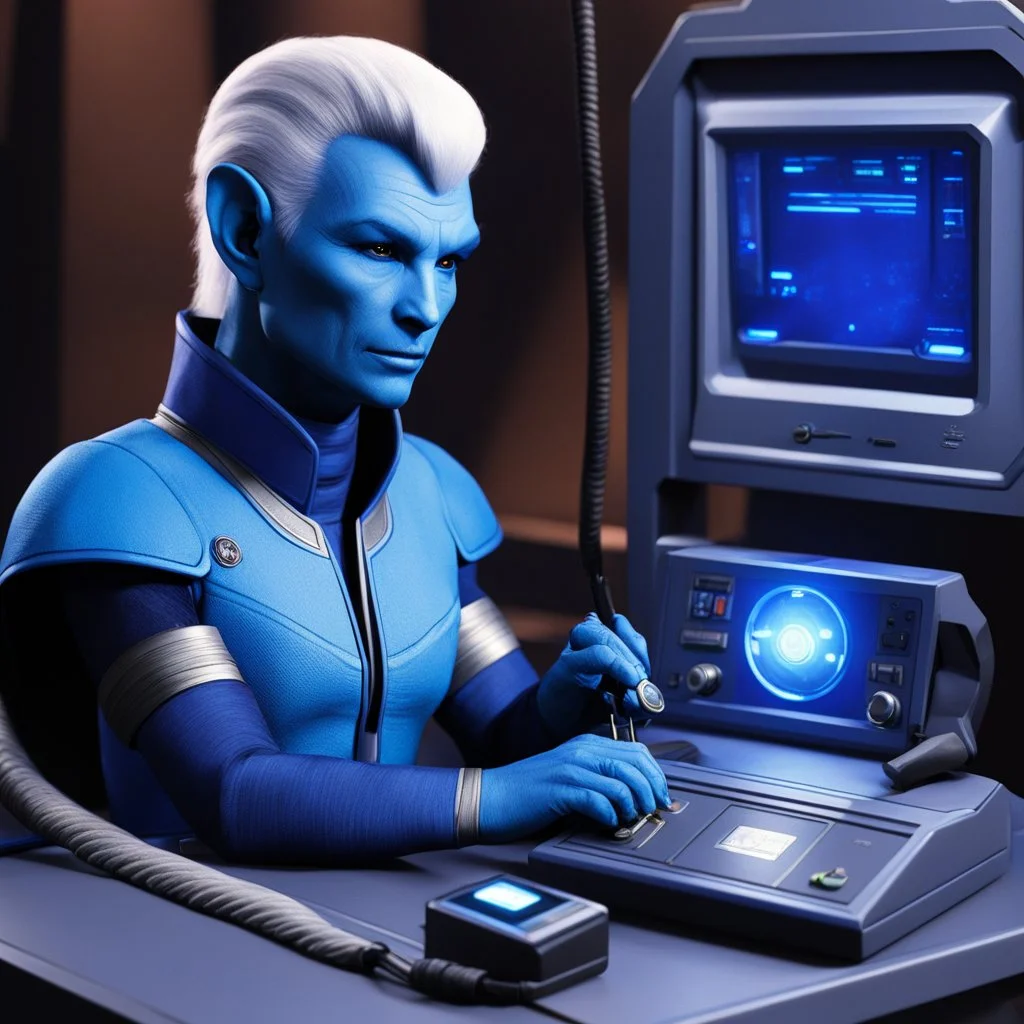 [the tricorder is plugged with a cable on the console] The Andorian communication officer delicately plugged the tricorder into the console, the soft blue light casting a gentle glow over their indigo skin.
