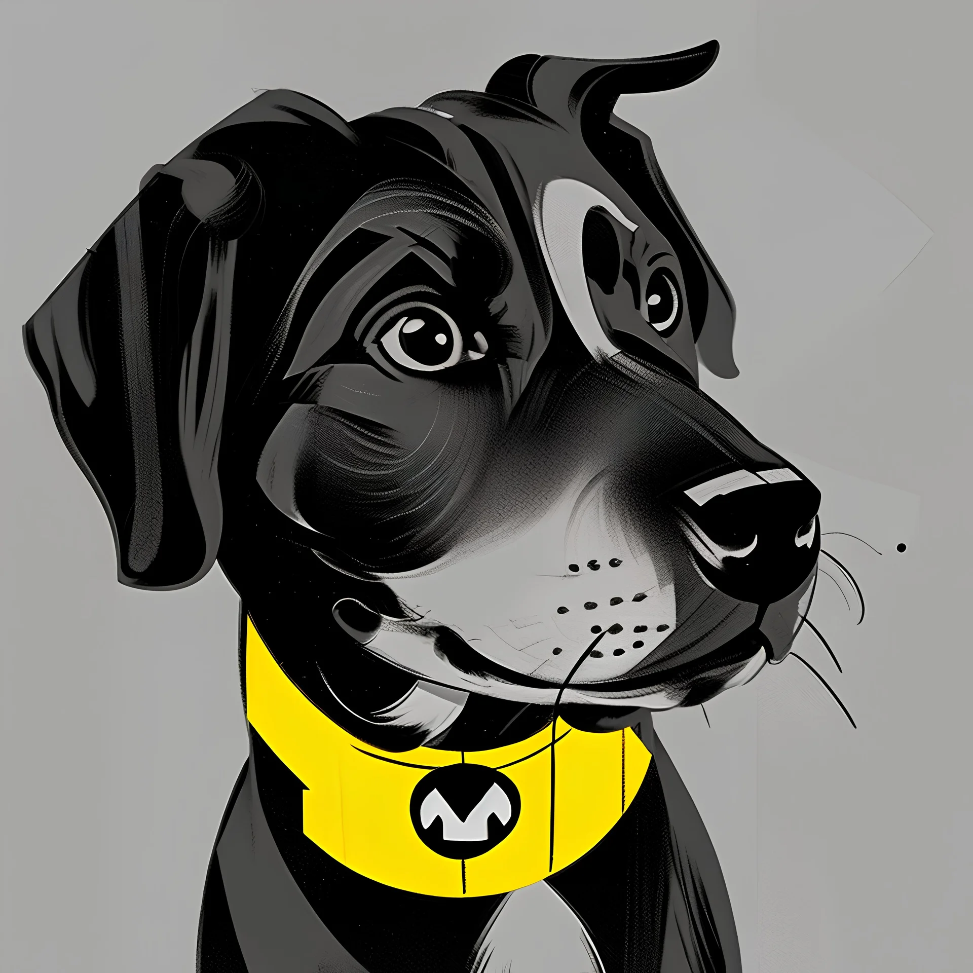 A comic book illustration of a dog logo in black, white, and yellow color palette, inspired by the artist Frank Miller. The dog is shown in a gritty, noir style, with heavy shadows and sharp lines. The color temperature is cool, with a blue tint. The dog has a tough expression, with a cigarette hanging from its mouth. The lighting is moody and atmospheric. The atmosphere is dark and edgy