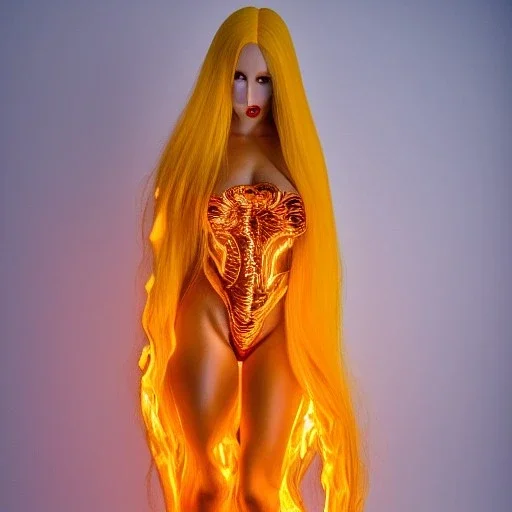 woman made of fire, fire angel, fire clothes, full body portrait, long flowing yellow hair, highly detailed, real life photo, photo quality, extremely detailed, highly detailed, 8K, crisp quality, looking at me